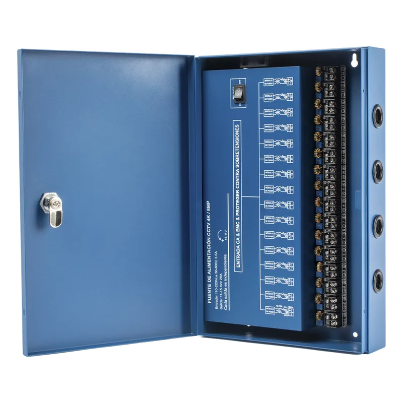 Fuente de Poder Profesional HEAVY DUTY @ 20 Amperes / Compatible con cámaras 4K / 16 Canales / Hasta 1.25A por Salida / Ajuste Independiente de 11 a 15 Vcc por Salida / Protección Contra Sobrecargas / Filtro de Ruido Especial para Cám EPCOM POWERLINE XP-16DC-20-4KV