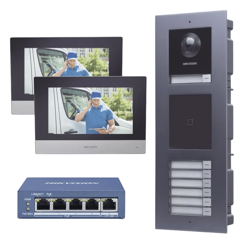 KIT de Videoportero IP para 7 DEPARTAMENTOS con llamada a App de Smartphone y Lector de Tarjetas EM / 2da Generación (Modular) / Montaje para EMPOTRAR incluido HIKVISION DSKIS-MULTI-7AP