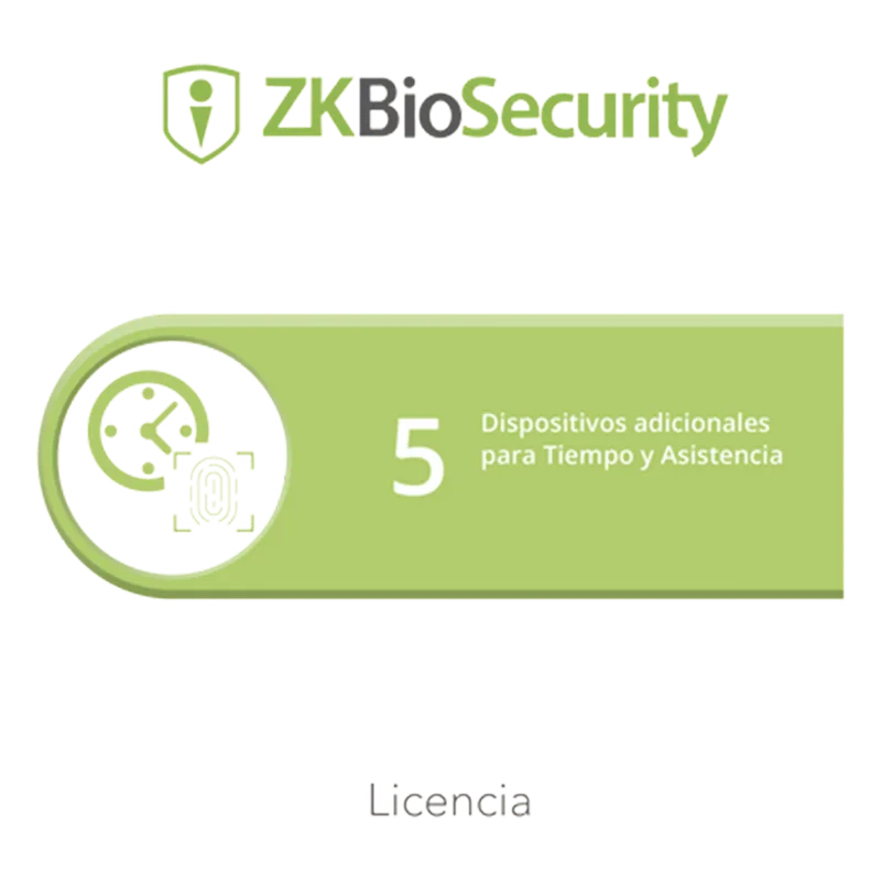 Licencia para ZKBiosecurity permite gestionar hasta 5 dispositivos para tiempo y asistencia ZKTECO ZKBSTA5