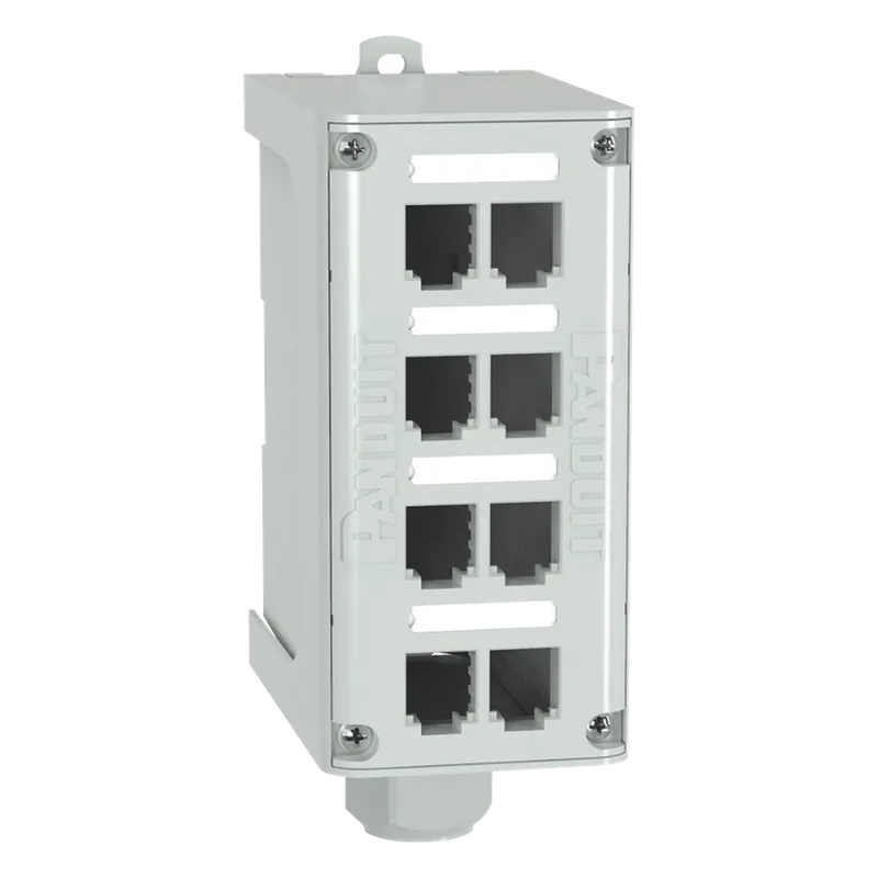 Panel de Parcheo Modular para Fibra Óptica, de Instalación en Riel DIN Estándar de 35mm, 8 Puertos Mini-Com, Color Gris PANDUIT FDME8RG