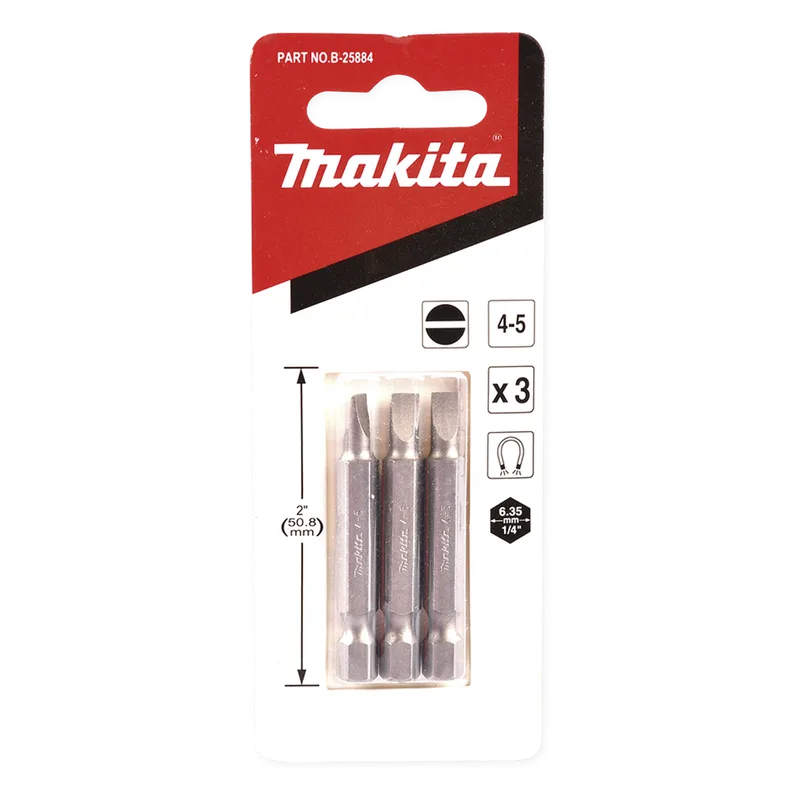 Punta plana para atornillar de 4-5 x 50 mm forma “E”, zanco tipo hexagonal de 1/4" con punta magnética, blíster con 3 piezas. MAKITA B-25884