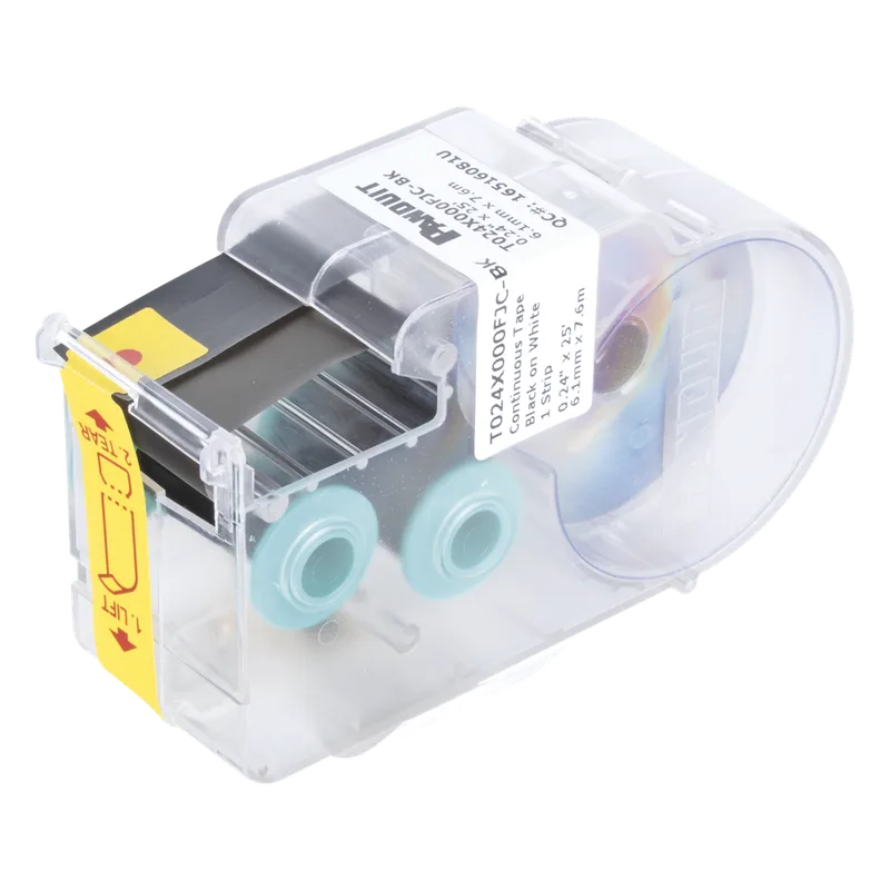Casete de Etiquetas de Poliolefina de Cinta Continua, Color Blanco sobre Negro, Uso Interior/Exterior, 6.1 mm de Ancho x 7.6 metros (24.93 pies) de Largo PANDUIT T024X000FJC-BK