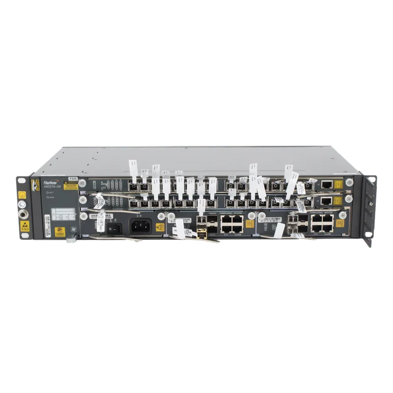 OLT Carrier Class Modular GPON, 2 Ranuras, Incluye 2 Tarjetas de Servicio de 16 puertos GPON, (32 Modulos GPON C+ Incluidos) 1 Fuente de CA, 2 UR, Incluye Instalación de software UNM2000, (Interoperabilidad con ONUs de Terceros sin Costo) FIBERHOME AN5516-04-AC