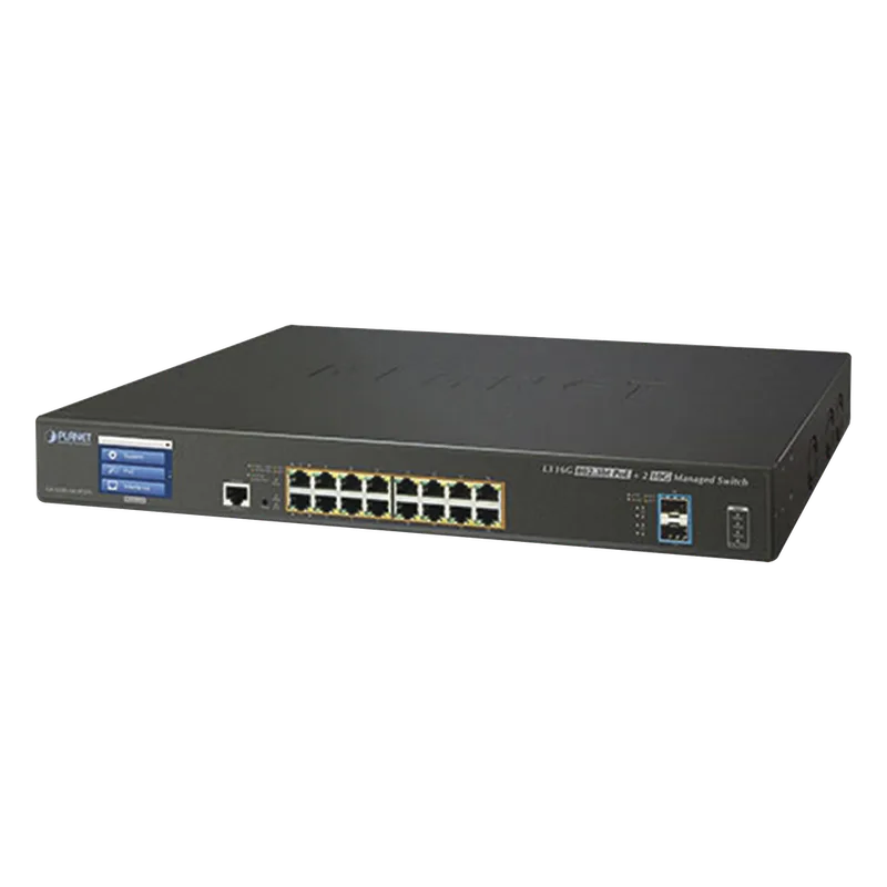 Switch Administrable Capa 3, 16 Puertos Gigabit con PoE 802.3bt, 2 Puertos 10 G SFP+, Pantalla Táctil (400 W) PLANET GS-5220-16UP2XVR