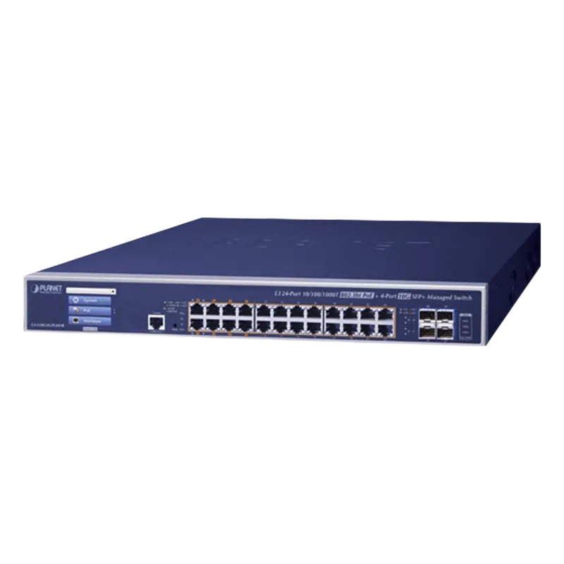 Switch Administrable Capa 3, 24 Puertos Gigabit 802.3bt, Hasta 600 W, 4 Puertos 10 G SFP+, Con Pantalla Táctil para Configuración Básica PLANET GS-5220-24UPL4XVR