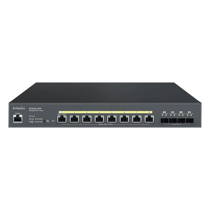 Switch PoE ++ Administrable en Nube Capa 2 de 8 puertos PoE de 2.5 Gbps, Hasta 240 W, 4 puertos de SFP ENGENIUS ECS2512FP
