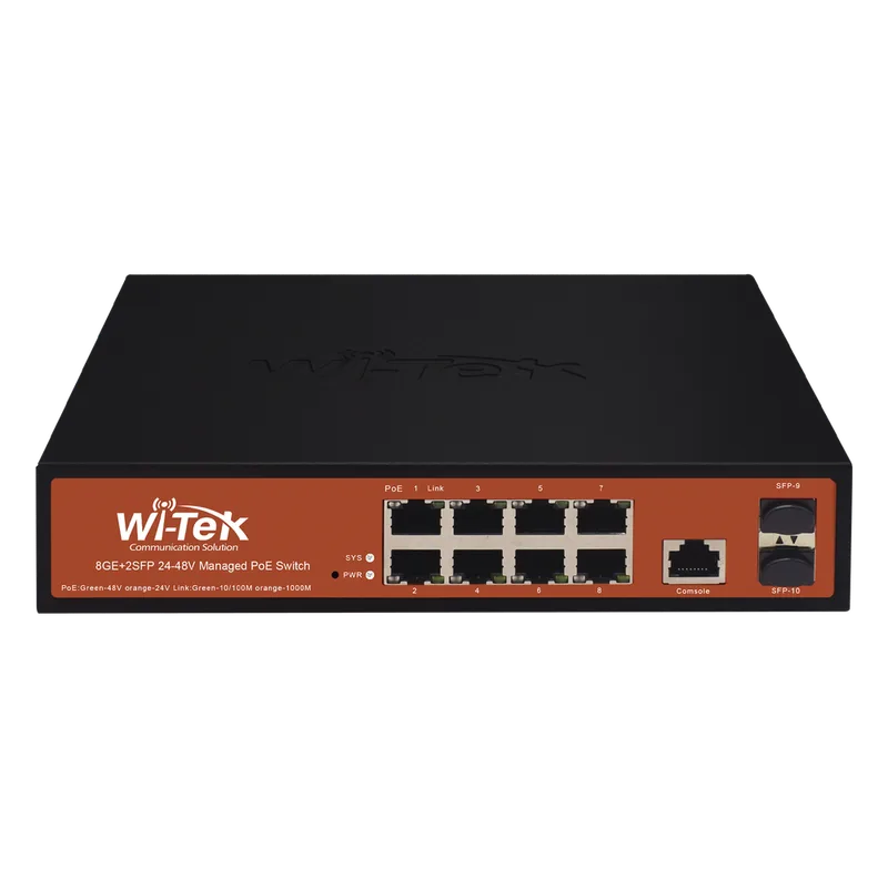 Switch Administrable de 8 puertos Gigabit Ethernet con PoE 802.3 af/at y 24V Pasivo + 2 SFP Gigabit, 150 W WI-TEK WI-PMS310GF-ALIEN