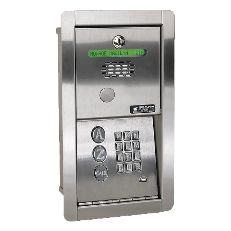 Audioportero Telefónico DKS Con Directorio / 100 Números Telefónicos / Control Para 2 Puertas / Gabinete Para Empotrar / Marcación a 16 Digitos / Linea análoga o digital DKS DOORKING 1802-091
