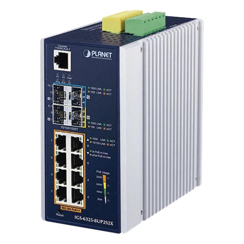 Switch Industrial Administrable Capa 3 con 8 Puertos Gigabit PoE 802.3bt, 2 Puertos SFP de 1 G/2.5 G, 2 Puertos SFP 10 G PLANET IGS-6325-8UP2S2X