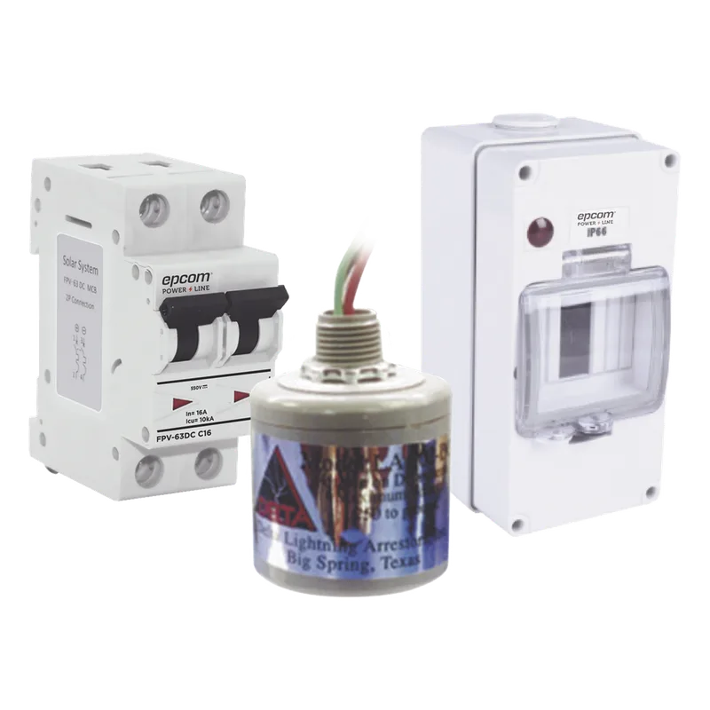 Kit de Centro de Carga Para Corriente Directa, Breaker de hasta 800 Vcc de 16 A con Supresor de Descargas Atmosféricas. EPCOM POWERLINE PL16ACD