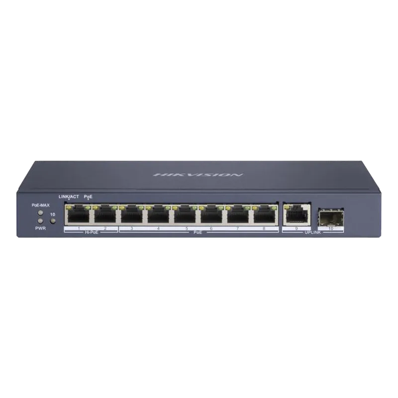 Switch PoE+ / No Administrable / 7 Puertos 1000 Mbps 802.3 af/at (30 W) / 2 Puertos 1000 Mbps Hi-PoE (90 W) / 1 Puertos 1000 Mbps Uplink / 1 Puerto SFP / Modo Extendido hasta 300 Metros / 110 Watts HIKVISION DS-3E0510HP-E