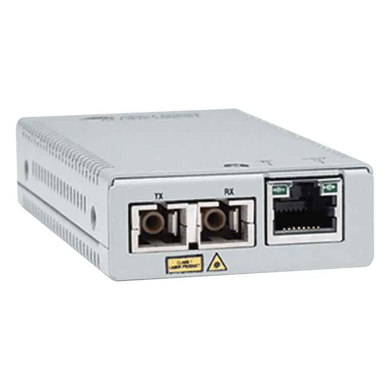 Convertidor de medios Gigabit Ethernet a fibra óptica, conector SC, multimodo (MMF), distancia de 220 hasta 500 m, con fuente de alimentación multi-región ALLIED TELESIS AT-MMC2000/SC-960
