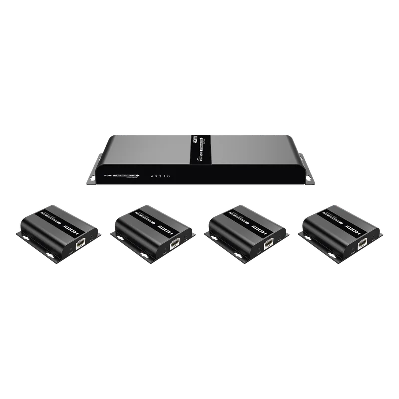 Kit Divisor y Extensor HDMI (Extender Splitter) | Divide 1 Fuente HDMI a 4 Pantallas | Extiende la señal HDMI hasta 120 m | Resolución 1080P @ 60 Hz | Cat 6/6a | Soporta IR | Baja Latencia | Uso24/7 | Alimente solo el Tx (PoC). EPCOM TITANIUM TT-314-HDBITT