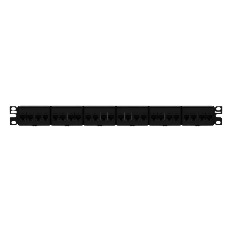Panel de Parcheo con 24 Acopladores Mini-Com, Plano, Categoría 6A, de 1 UR, Color Negro PANDUIT CP246X88BL