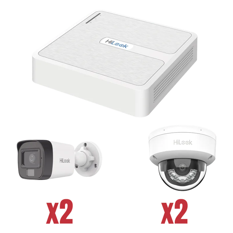 Kit IP 1080p (2 Megapixel) / NVR de 4 Canales con 4 Puertos PoE / 2 Cámaras IP Bala para Exterior con microfono y Dual light / 2 Cámaras IP Domo para Exterior HiLook by HIKVISION KIP2MP/2B2D