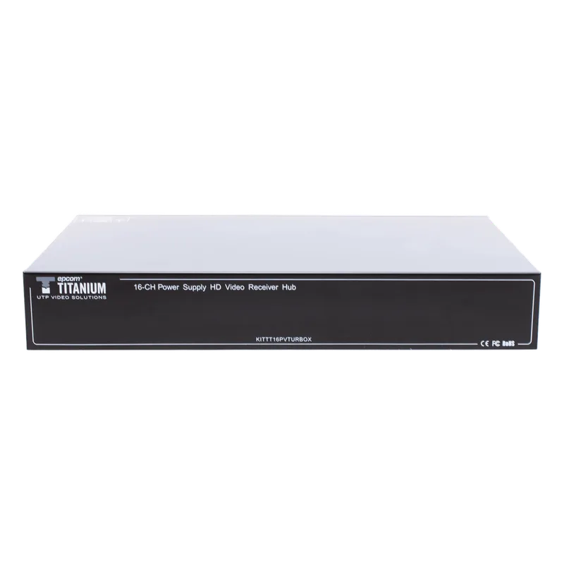 (SOLO RECEPTOR) TRANSCEPTOR ACTIVO DE 16 CANALES / VIDEO+PODER en un solo Cable UTP / 150 metros en 4K, 200 metros en 5 MP/ Envía 36 Vcc y Recibe 12 Vcc / TODO INCLUIDO PARA RACK / HD-TVI/CVI/AHD/CVBS / SIN RUIDO / INSTALACIÓN LIMPIA. EPCOM TITANIUM KIT-TT16PVTURBOX-RX