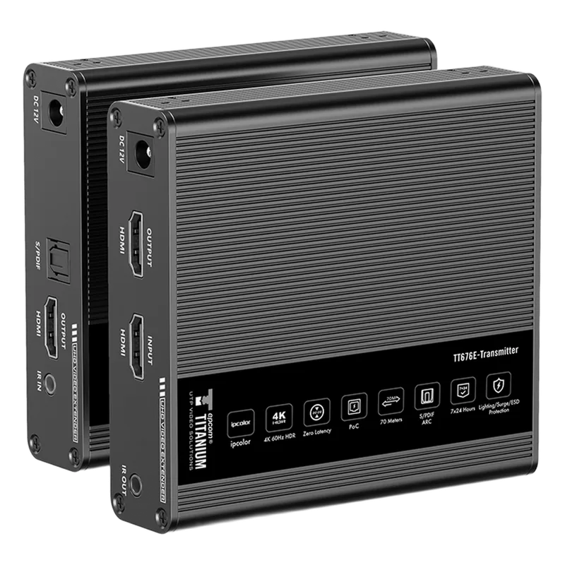 Kit Extensor HDMI para distancias de 70 metros / Resolución 4K x 2K@ 60 Hz/ Cat 6, 6a y 7 / IPCOLOR / CERO LATENCIA / SIN COMPRIMIR / Uso 24/7 / Puerto S/PDIF / Salida Loop / Alimente solo el Tx (PoC) / Control IR EPCOM TITANIUM TT-676E