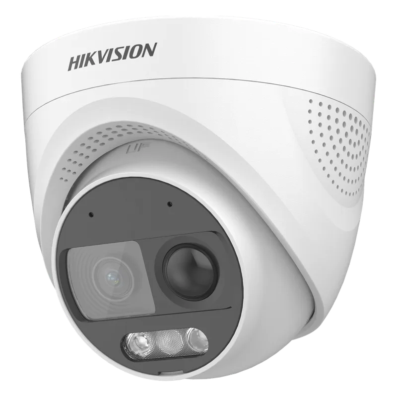 Turret TURBOHD 2 Megapixeles (1080p) / Imagen a color 24/7 / Lente 2.8 mm / Luz Blanca 20 mts / Exterior IP67 / WDR 130dB / Sensor PIR / Sirena Integrada / Estrobo ROJO - AZUL / Micrófono Integrado HIKVISION DS-2CE72DF3T-PIRXOS