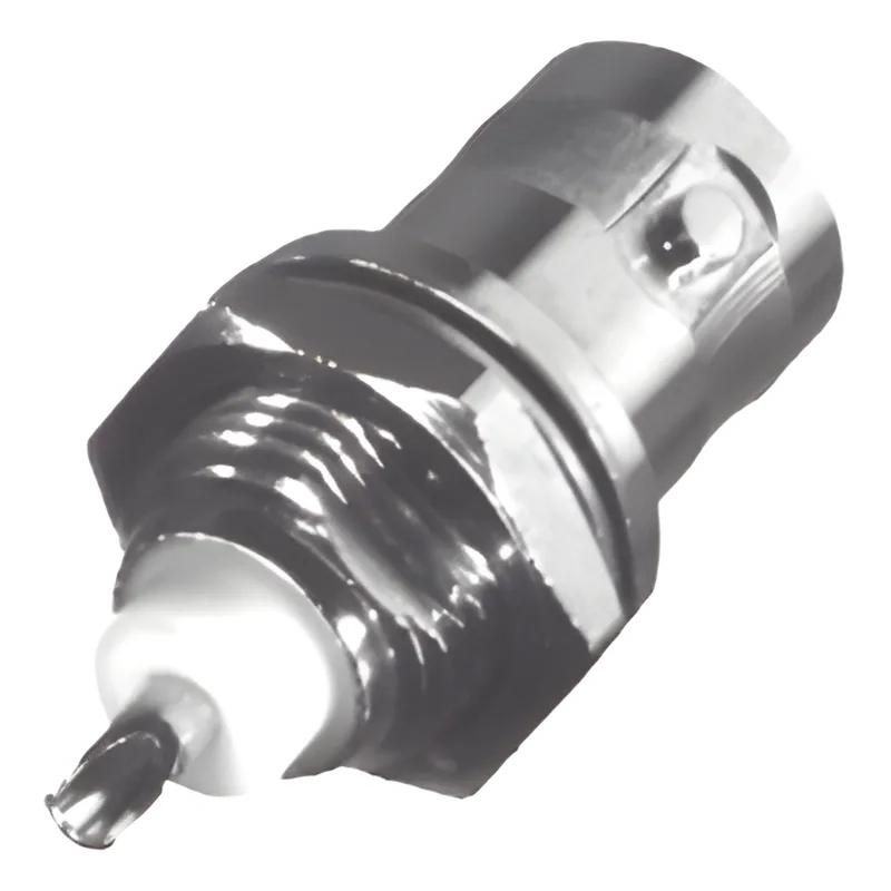 Conector BNC Hembra para Chasis, Montaje Frontal, Soldable, D-Plano, Troquelado, Niquel/ Oro/ Delrin. RF INDUSTRIES,LTD RFB-1716