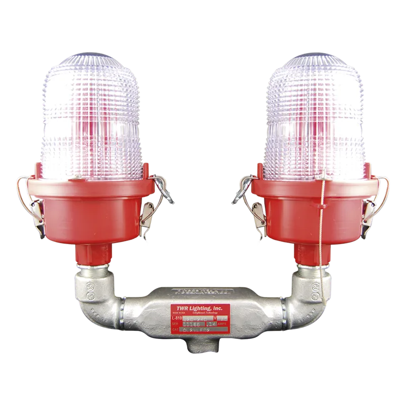 Luz de Obstáculo Doble Baja Intensidad FAA Tipo L-810 / LED Rojo e Infrarrojo / 120-240 VAC / Intensidad Efectiva 32.5 CD / IR 4mW/sr @ 850nm / Base Valox / Lente Acrílico Fresnel / Protección Corrosión TWR OL2-VLED-3IR