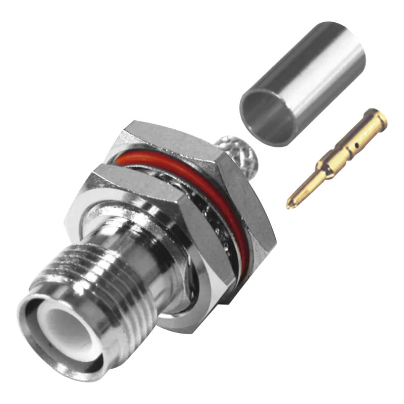 Conector TNC Hembra Inverso de Montaje Trasero en Panel, D-Plano, Hermético de Anillo Plegable para RG-142/U, Níquel/ Oro/ Teflón. RF INDUSTRIES,LTD RP-1212-C1