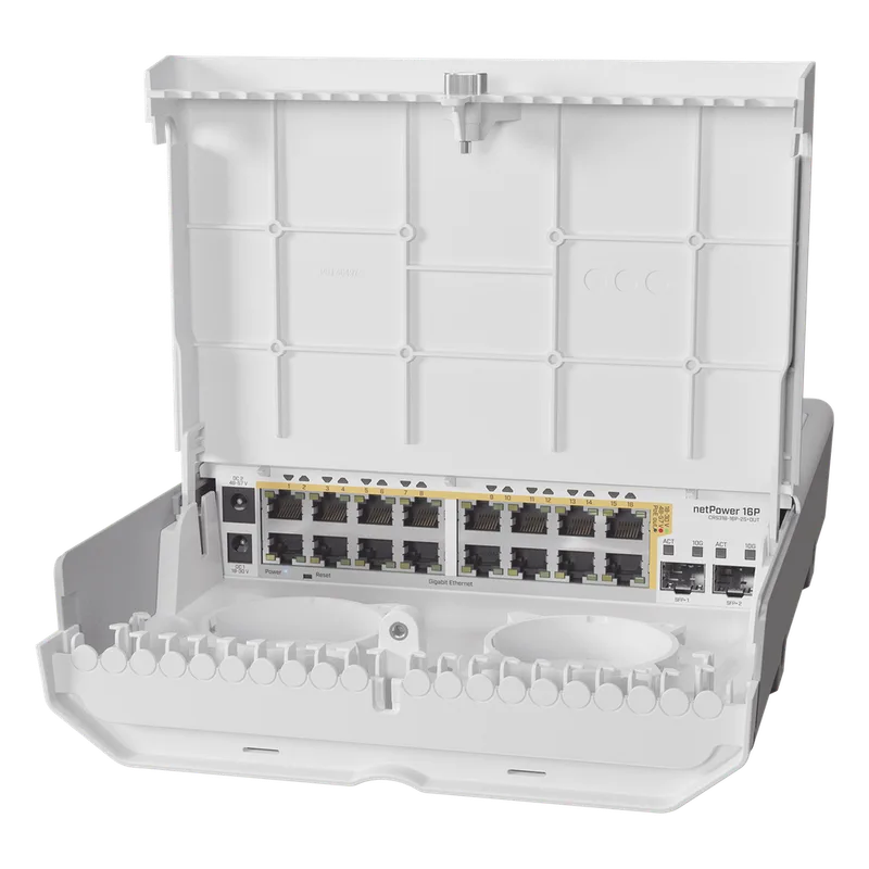 (netPower 16P) Switch administrable Sistema Operativo Dual, 16 puertos c/PoE, 2 puertos 10G SFP+ para Exterior MIKROTIK CRS318-16P-2S+OUT