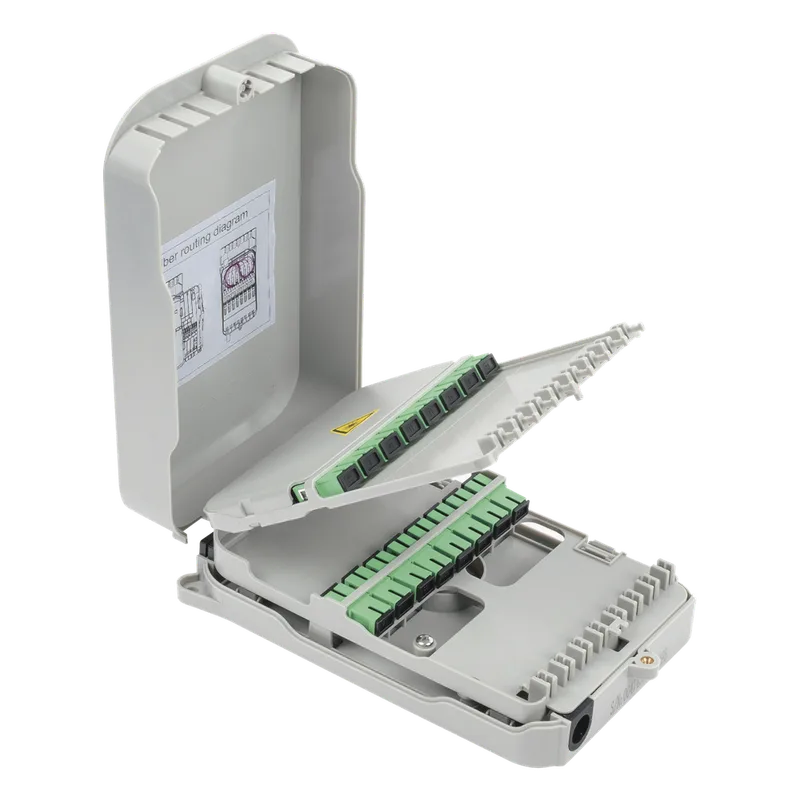 Caja Terminal de Fibra Óptica para instalación en interior, montaje en pared, 16 acopladores SC/APC monomodo, hasta 16 empalmes FIBERHOME FTB-523-SCA