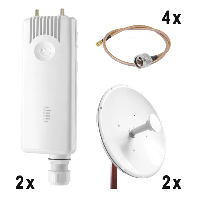 Enlace completo Punto a Punto para servicios TriplePlay, incluye: 2 x FORCE300CSM, 2 x NP2GEN2 de (34 dBi), 4x Jumper CAMBIUM NETWORKS FORCE300-KIT34
