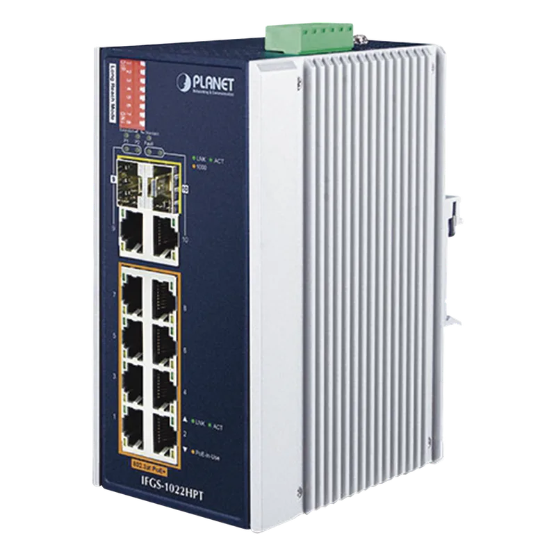 Switch Industrial PoE no administrable de 8 Puertos 10/100TX 802.3at, Hasta 240 W, Combo TP / SFP Gigabit TP / SFP (-40 ~ 75 grados C) PLANET IFGS-1022HPT