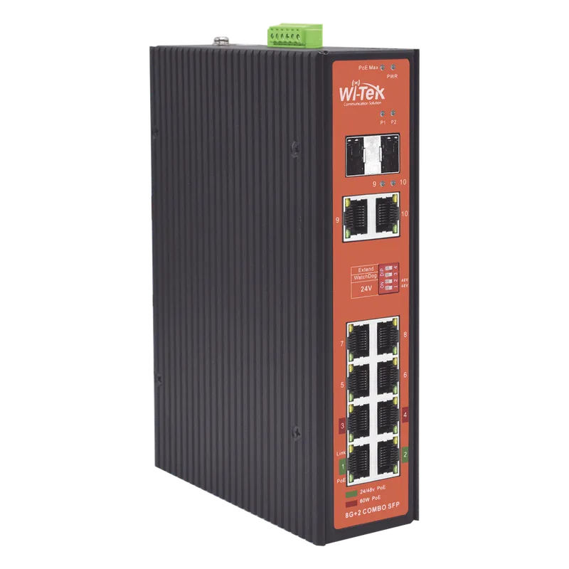 Switch PoE Industrial No administrable / Puertos 1-2 PoE 802.3 af/at y PoE 24 Vcc Pasivo 30W / Puertos 3-4 PoE 802.3 af/at/bt Hasta 60W / Puertos 5-8 PoE 802.3 af/at Hasta 30W / Los 8 puertos son Gigabit + 2 SFP combo / Presupuesto 300W WI-TEK WI-PS310GF-I-V2