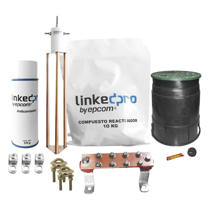 Kit Puesta a Tierra 30A / Electrodo Cobre Electrolítico / Diseño Delta / Filtro Equipotencial / Compuesto 12 kg / Barra Unión + Conectores + Registro LINKEDPRO BY EPCOM LP-GROUND30A-KIT