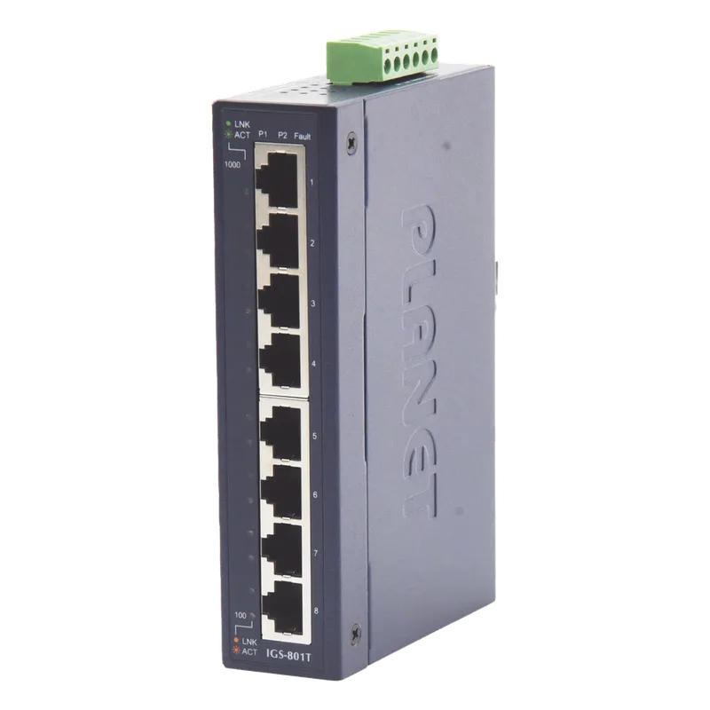 Switch Industrial No Administrable de 8 Puertos Gibabit 10/100/1000T, Diseñado para Montaje en Pared y Riel DIN PLANET IGS-801T