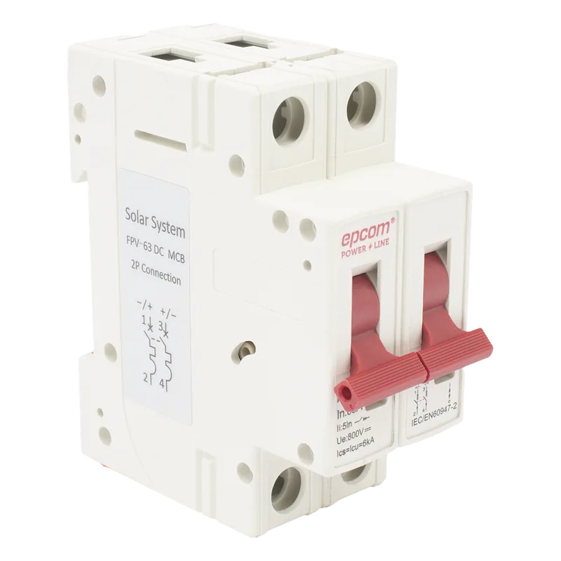 Protección Térmica/ Interrupción 2P, 63 A, Corriente Directa 800 Vcc para Aplicación Fotovoltaica Montaje Riel DIN EPCOM POWERLINE FPV632PC63