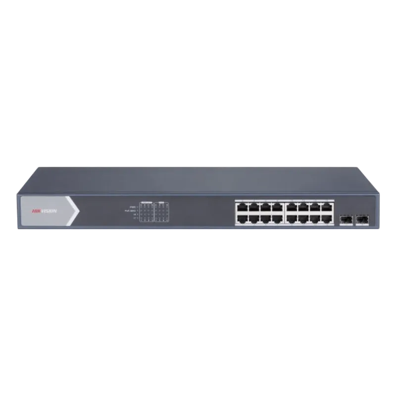 Switch Gigabit PoE+ / Administrable / 16 Puertos 1000 Mbps PoE+ / 2 Puertos SFP / Configuración Nube desde Hik-ParnerPro / PoE hasta 300 Metros / 225 Watts HIKVISION DS-3E1518P-SI