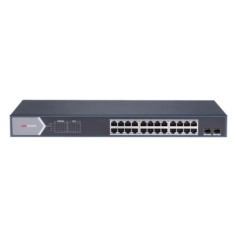 Switch Gigabit PoE+ / Administrable / 24 Puertos 1000 Mbps PoE+ / 2 Puertos SFP / Configuración Remota desde Hik-PartnerPro / PoE Extendido 250 Metros / 370 Watts HIKVISION DS-3E1526P-SI