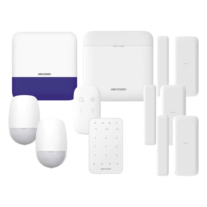 (AX PRO) KIT de Alarma AX PRO / Incluye: 1 Hub con batería de respaldo/ 2 Sensores PIR / 3 Contactos Magnéticos mini / 1 Control Remoto / 1 Sirena Inalambrica Exterior /1 Teclado Inalámbrico / WiFi / Compatible con Hik-Connect P2P HIKVISION DS-PWA48-FULL-K