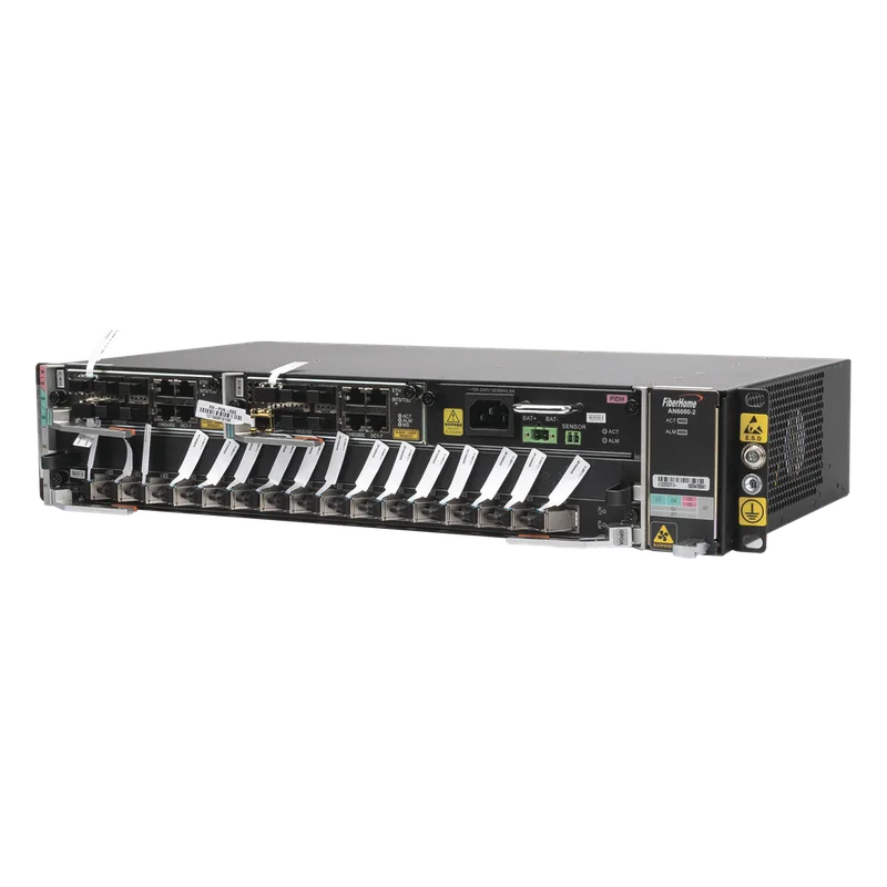 OLT Carrier Class Modular GPON, 2 Ranuras, Incluye 1 Tarjeta GPOA de 16 puertos GPON, 1 Fuente de CA, 2 UR, Gestión por UNM2000, CLI, Incluye Instalación de Software UNM2000, (Interoperabilidad con ONUs de Terceros sin Costo) FIBERHOME AN6000-2-AC