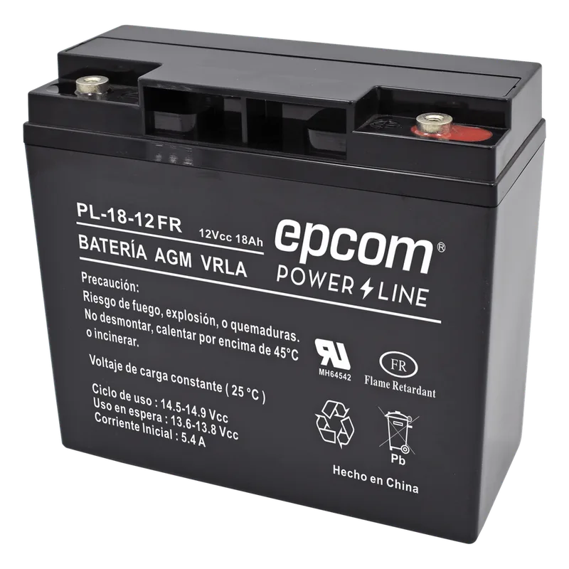 Batería 12 Vcc / 18 Ah / UL / AGM-VRLA / Retardante a la flama / Para uso en equipo electrónico,Alarmas de intrusión / Incendio/ Control de acceso / Video Vigilancia / Terminales tipo M5 ( HEX ) / Cargador recomendado CHR-80. EPCOM POWERLINE PL-18-12-FR