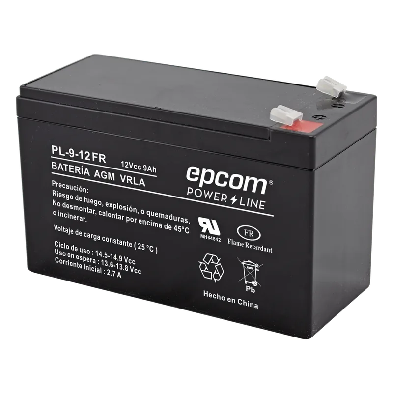 Batería 12 Vcc / 9 Ah / UL / Tecnología AGM-VRLA / Retardante a la flama / Para uso en equipo electrónico Alarmas de intrusión / Incendio/ Control de acceso / Video Vigilancia / Terminales tipo F1 / Cargador recomendado CHR-80. EPCOM POWERLINE PL-9-12FR