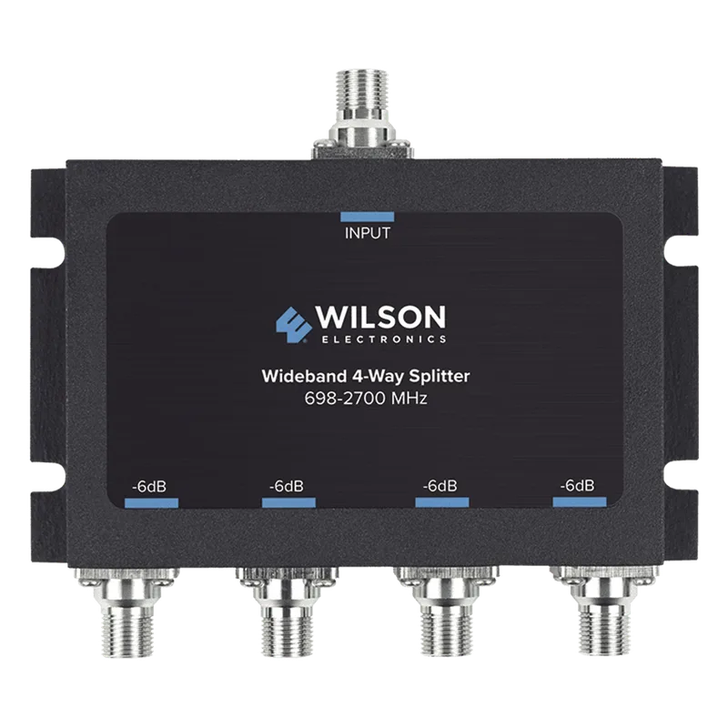Divisor de potencia de 4 vías para la distribución de señal a dos antenas de servicio | 6 dB de pérdida por puerto | Conectores F hembra WILSONPRO / WEBOOST 850-036