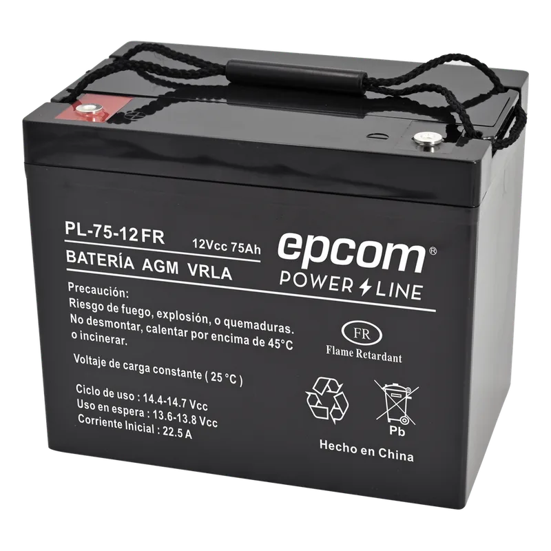 Batería 12 Vcc / 75 Ah / UL / Tecnología AGM-VRLA / Retardante a la flama/ Uso en: Aplicaciones fotovoltaicas / Terminales tipo M6 / Cargador recomendado CHR-250. EPCOM POWERLINE PL7512-FR