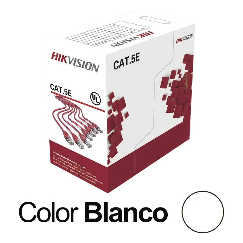 Bobina de Cable UTP 305 Metros (1000 Pies) / Cat5E (24 AWG) / Color Blanco / PVC (CM) / Uso en Interior / 100% Cobre / Aplicaciones de CCTV y Redes de Datos HIKVISION DS-1LN5E-SW