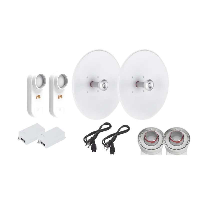 Enlace completo de 2 radios C5X con antenas UD-TP-27 (27 dBi), rango de frecuencia extendida (5.1 a 6.4 GHz), incluye inyector POE y cable de alimentación y adaptador para la antena RF ELEMENTS C5XTP27