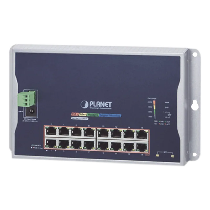 Switch Industrial Administrable Capa 2 de Pared,16 Puertos PoE 802.3at Gigabit y 2 Puertos SFP PLANET WGS-4215-16P2S