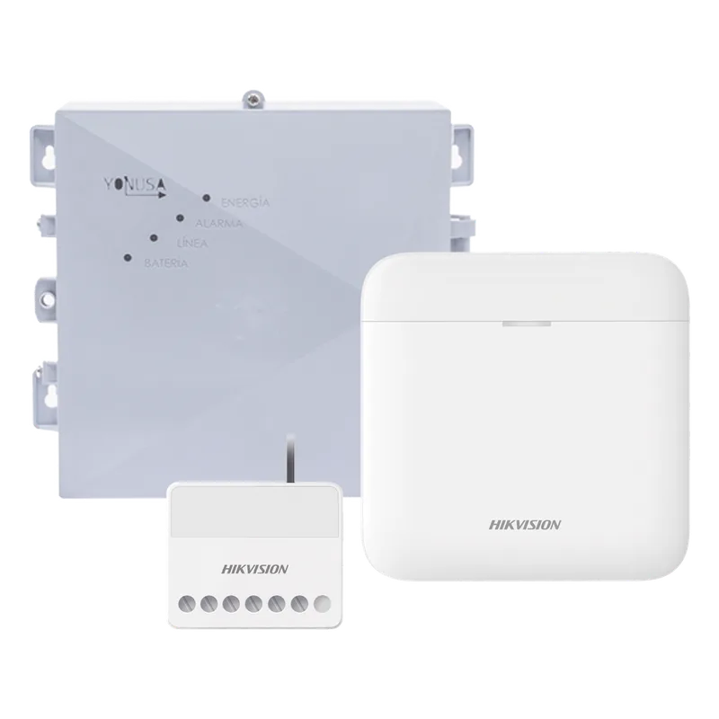 (AX PRO + YONUSA) KIT de Alarma AX PRO / Incluye: 1 Hub con bateria de respaldo / 1 Energizador 2500Mts Lineales / 1 Relevador 0 a 36 Vcc (Max. 5 A) con Entrada de Alarma 27/7 HIKVISION DS-PWA48-SYSNG
