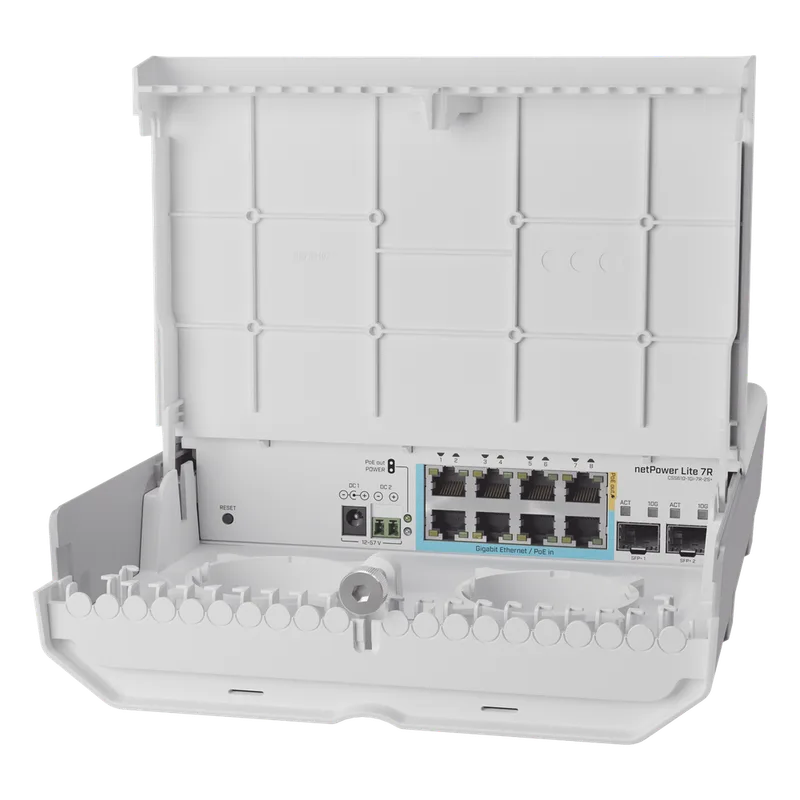 (CSS610-1Gi-7R-2S+OUT) netPower Lite 7R Switch Smart 7 puertos PoE Inverso Gigabit, 2 SFP+ 10G, para exterior MIKROTIK