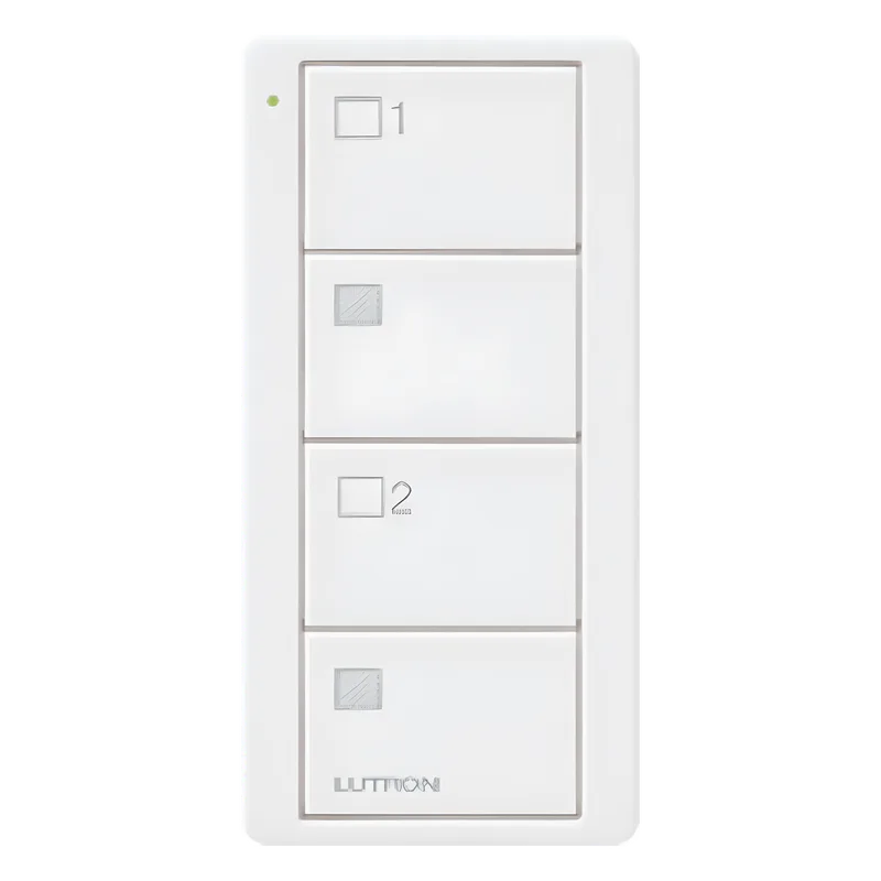 Control Pico inalámbrico de 4 botones para 2 grupos de cortinas o persianas con apertura y cierre por grupo, batería CR2032 de hasta 10 años, color blanco brillante LUTRON ELECTRONICS PJ24BGWHS21