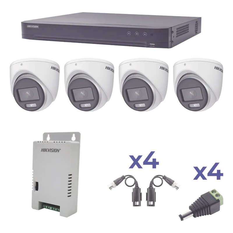KIT COLORVU TURBOHD 1080p / DVR 4 Canales / 4 Cámaras eyeball (exterior) lente 2.8mm / Fuente de poder profesional / Transceptores de video y Accesorios de corriente HIKVISION KH1080P4EC