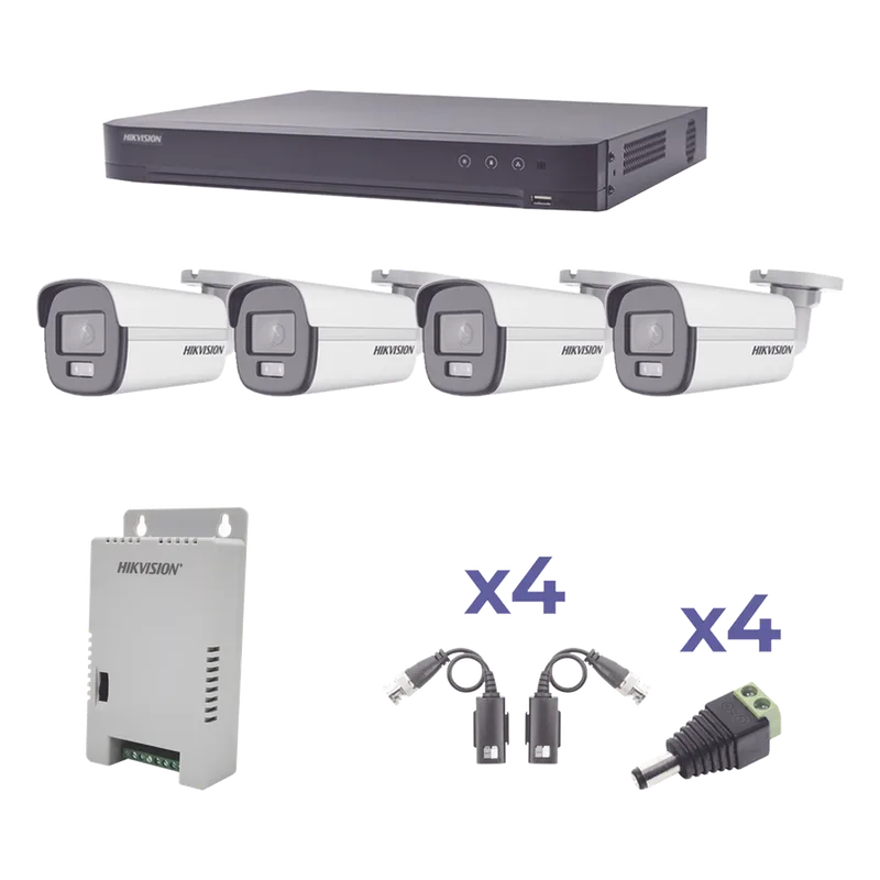 KIT COLORVU TURBOHD 1080p / DVR 4 Canales / 4 Cámaras Bala (exterior) lente 2.8mm / Fuente de poder profesional / Transceptores de video y Accesorios de corriente HIKVISION KH1080P4BC