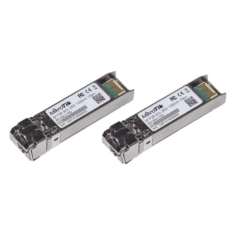 Kit de dos módulos GBIC 1.25G SFP, 10G SFP+ y 25G SFP28. 15 km, 1270nm + 1330nm. MIKROTIK XS+2733LC15D